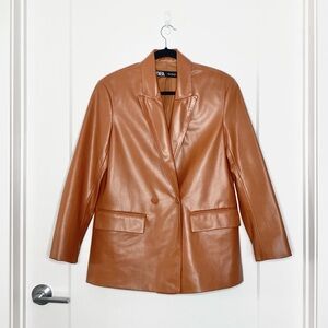 ZARA Tan Faux Leather Oversized Blazer Size XS [3064-473-776] New With Tags